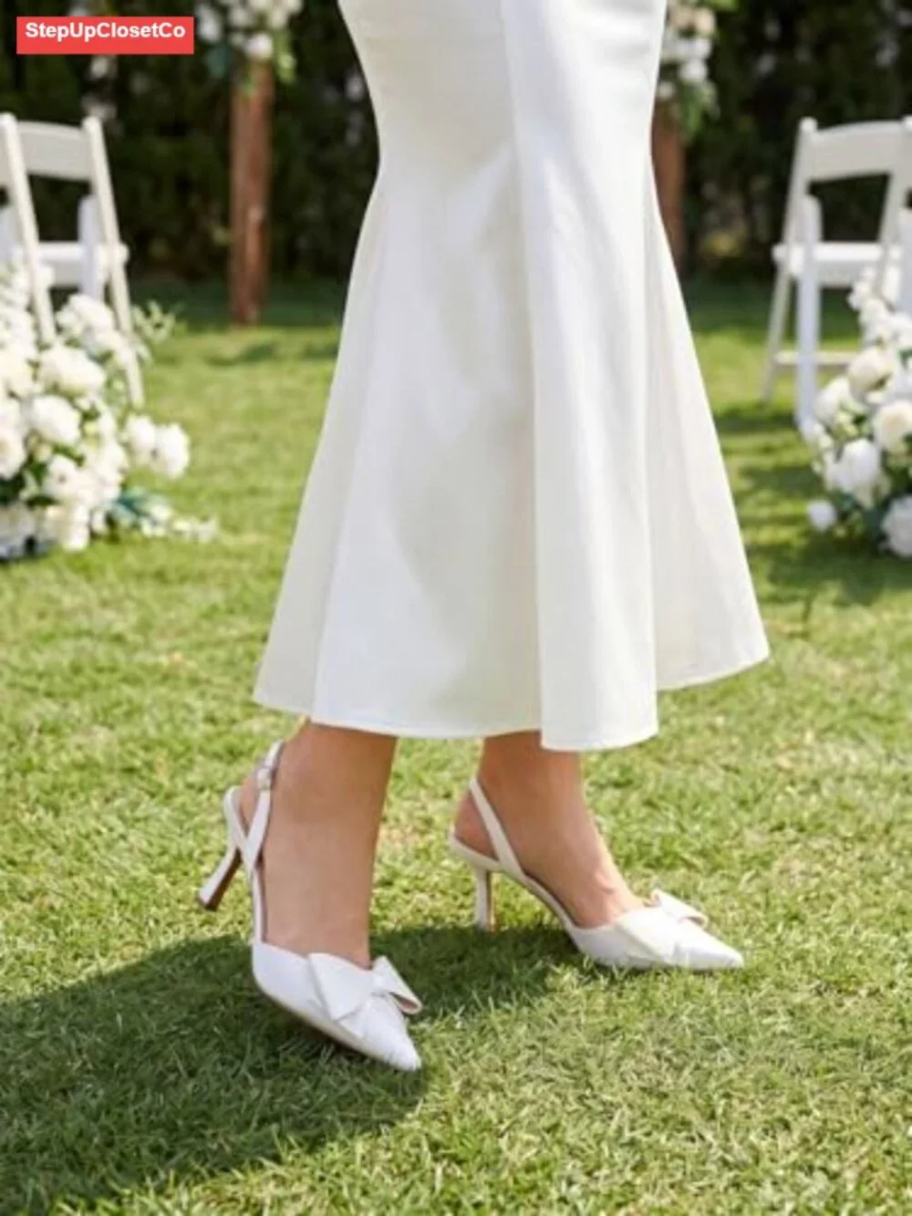 Slingback Kitten Heels Bow Satin Closed Toe Wedding Pumps